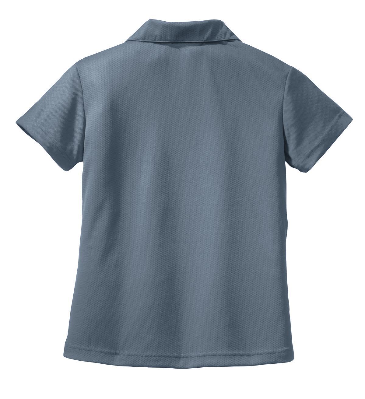 A grey Sport-Tek Ladies Dri-Mesh V-Neck Polo shirt with a back view and a collar, featuring a logo.