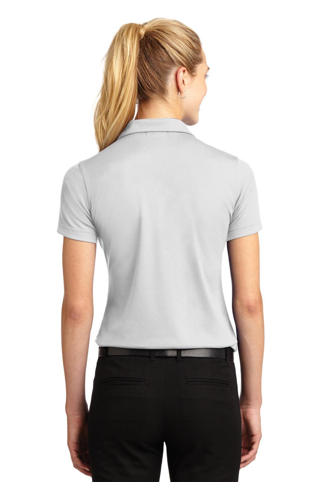 A grey Sport-Tek Ladies Dri-Mesh V-Neck Polo, featuring a collar and a fitted design, viewed from the back.