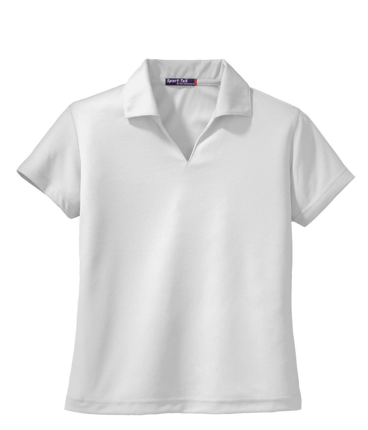 A white Sport-Tek Ladies Dri-Mesh V-Neck Polo shirt with a collar and short sleeves. It features a logo.