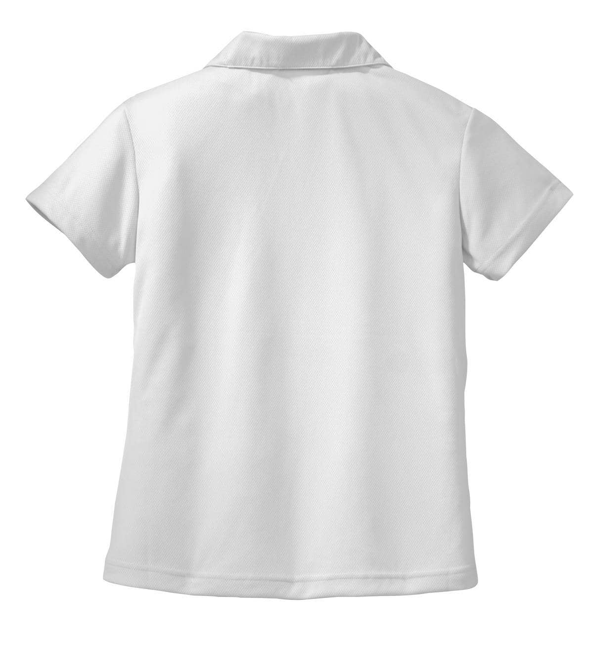 A white Sport-Tek Ladies Dri-Mesh V-Neck Polo featuring a back view with a collar and short sleeves.