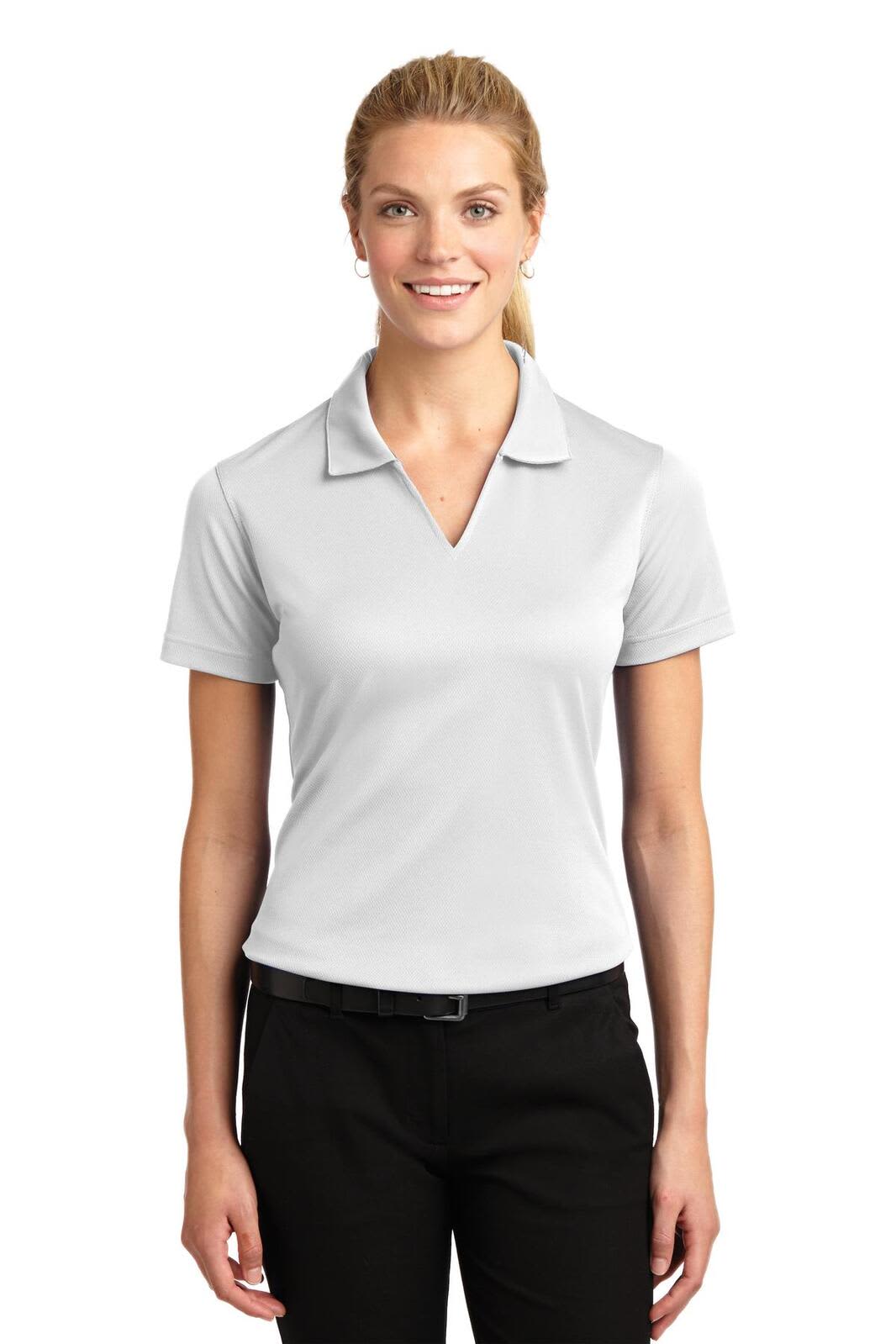 A light grey ladies' polo shirt with a V-neck and short sleeves, featuring a logo on the chest.