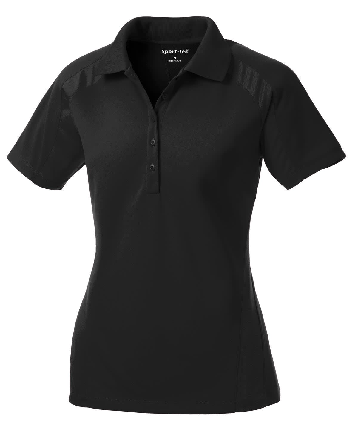 A black Sport-Tek Ladies Dri-Mesh Pro Polo shirt featuring a collar and short sleeves, with a branding logo.