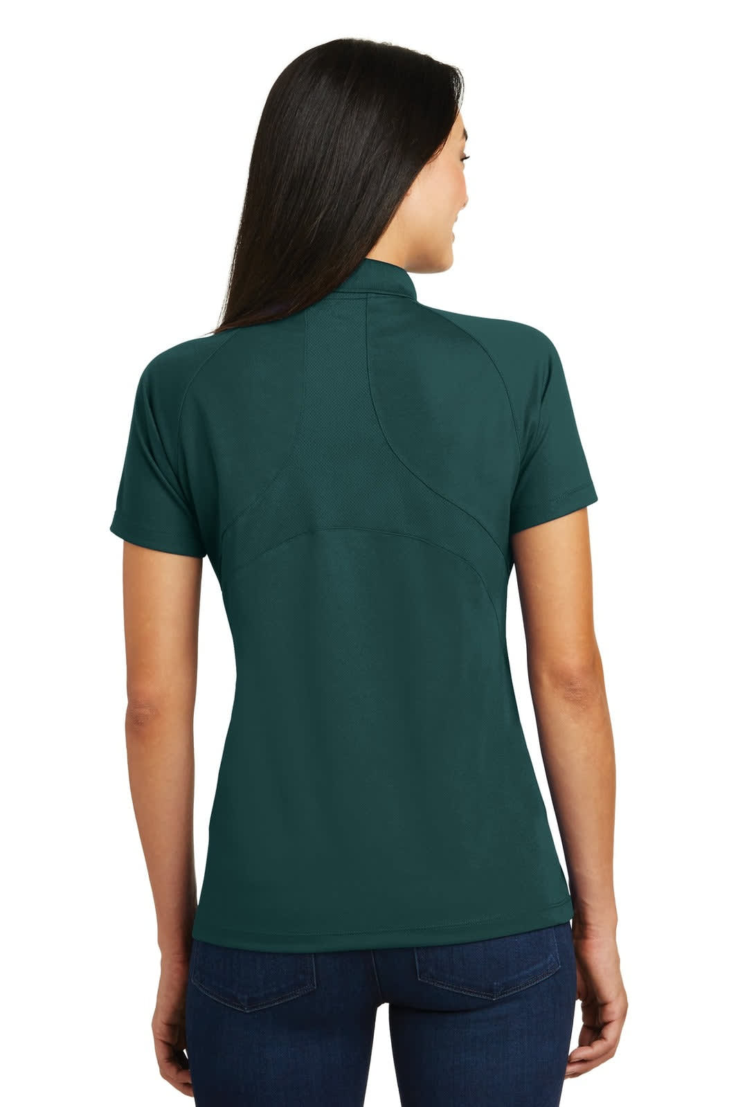 A teal ladies' polo shirt with short sleeves, featuring a logo and a high collar design, viewed from the back.
