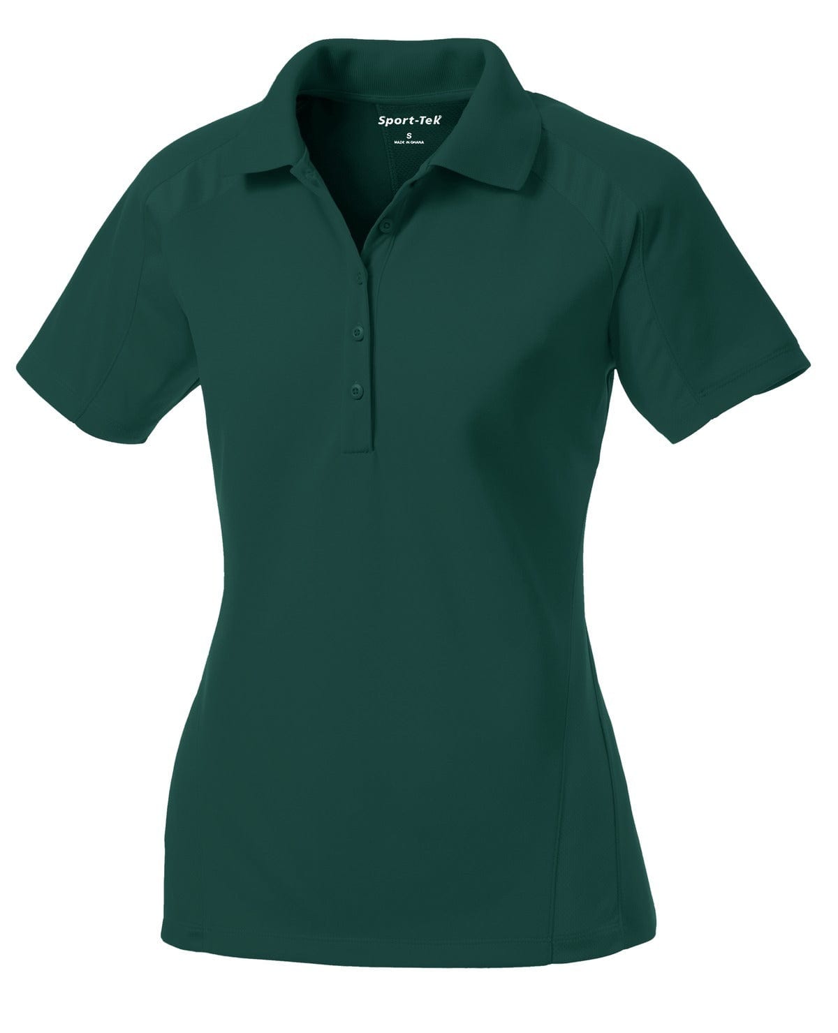 A dark green female polo shirt with a collared neckline and short sleeves, featuring a logo.