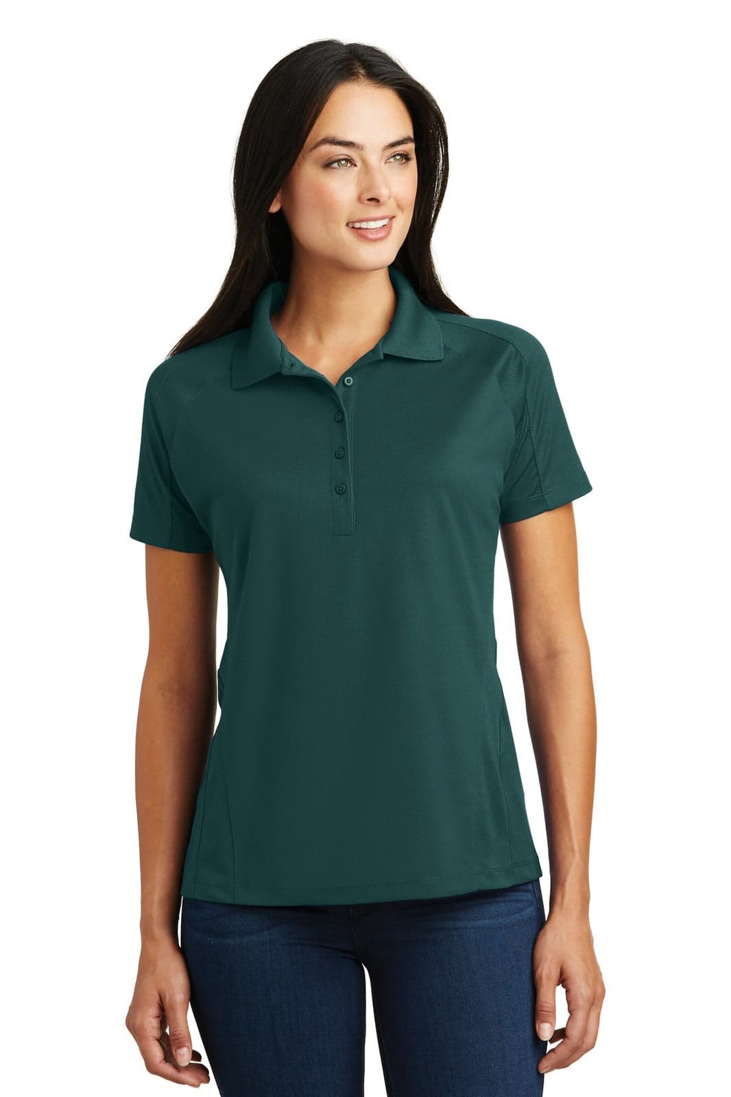 A women's dark green Sport-Tek Dri-Mesh Pro Polo shirt with a classic collar and short sleeves.