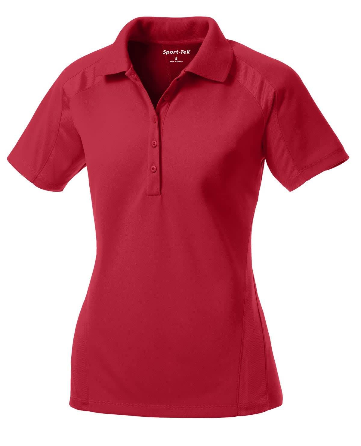 A red Sport-Tek Ladies Dri-Mesh Pro Polo shirt with a classic collar and a logo on the left side.