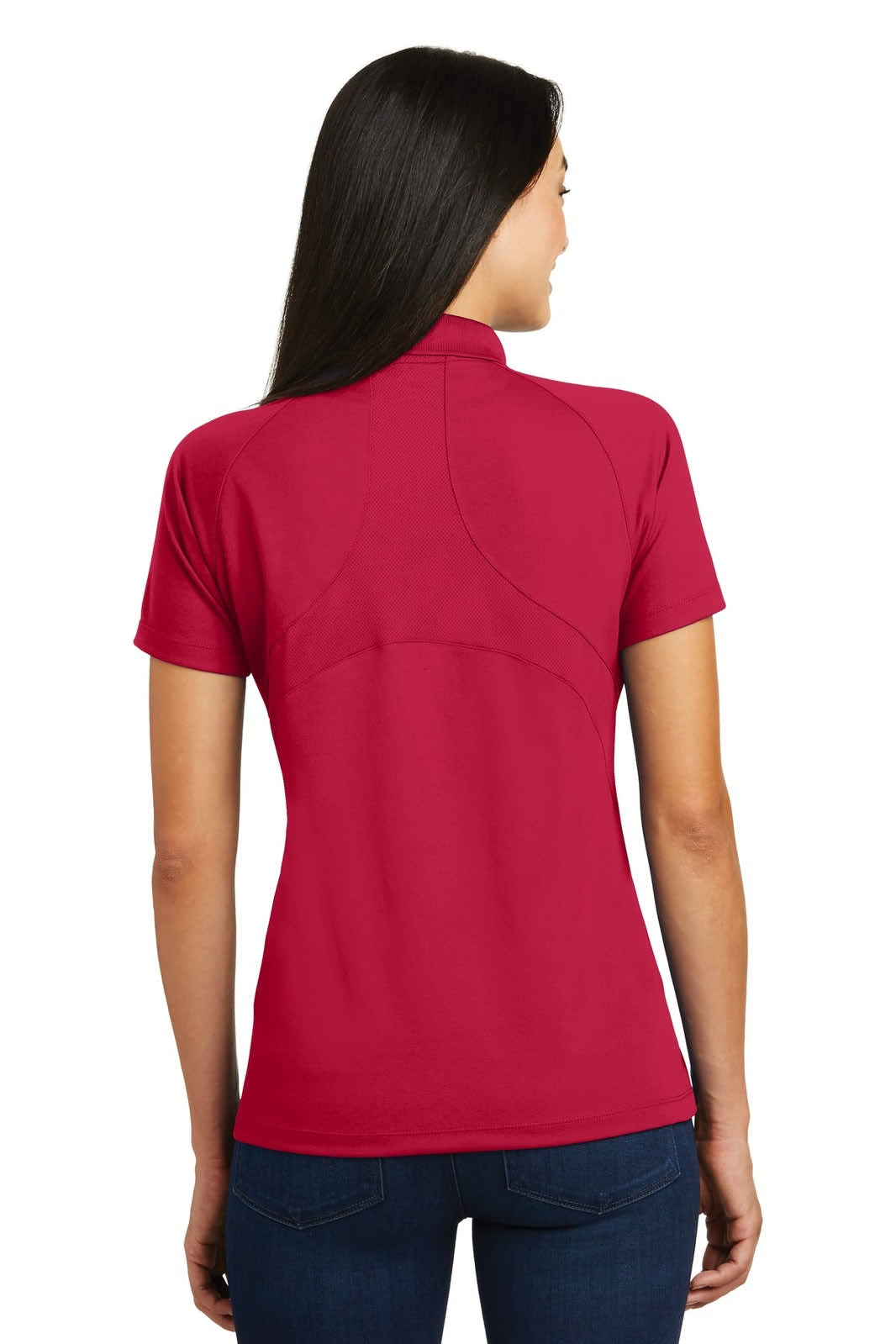 A red Sport-Tek Ladies Dri-Mesh Pro Polo shirt featuring a back view, with a logo present. Short sleeves are visible.