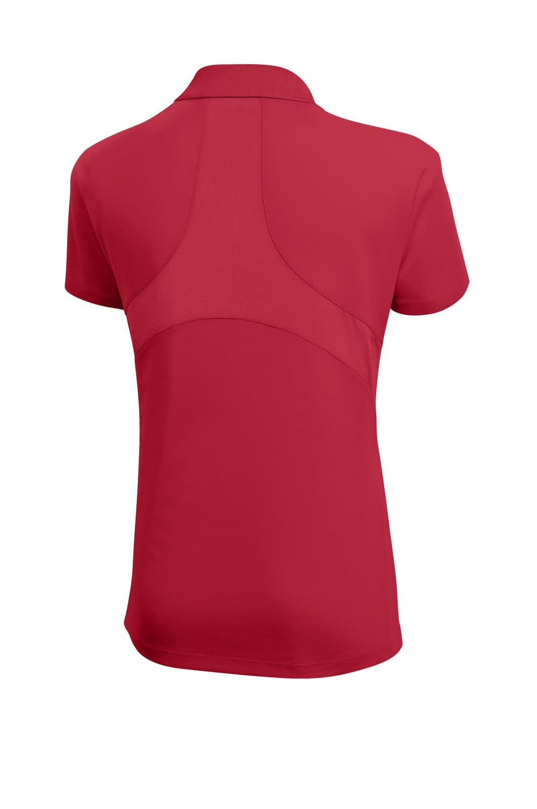 A red Sport-Tek Ladies Dri-Mesh Pro Polo shirt with a back panel design and a logo.