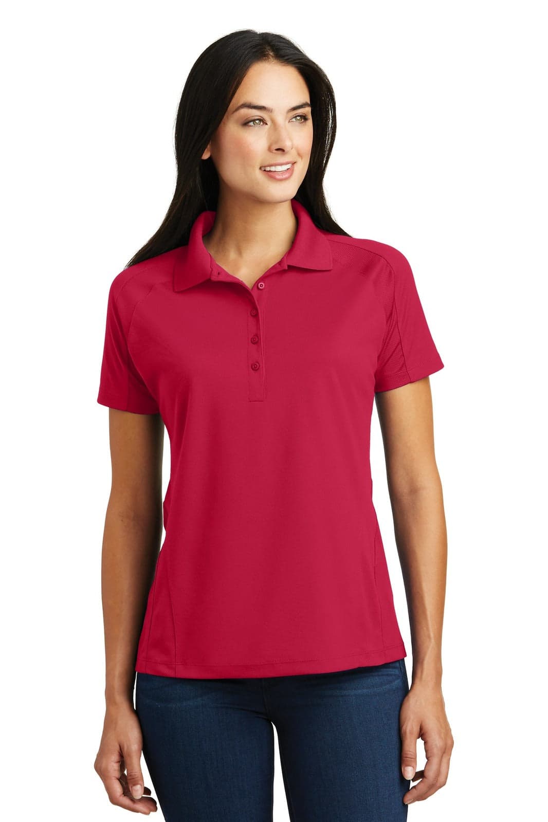 A red polo shirt with a collar and short sleeves, featuring a logo on the chest.