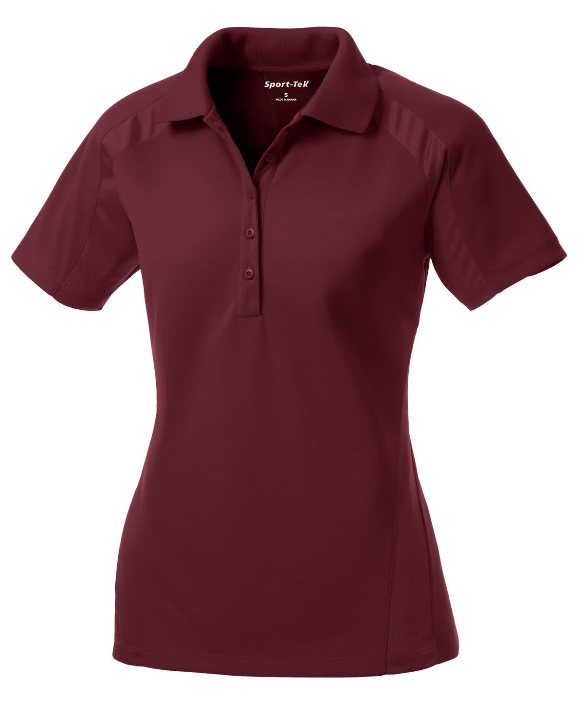 A maroon Sport-Tek Ladies Dri-Mesh Pro Polo shirt with short sleeves and a collar, featuring a logo.