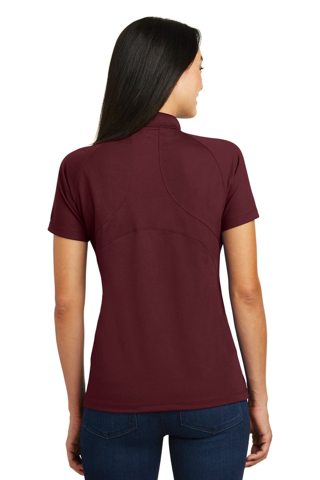 A maroon Sport-Tek Ladies Dri-Mesh Pro Polo with a high collar and short sleeves, featuring a logo.