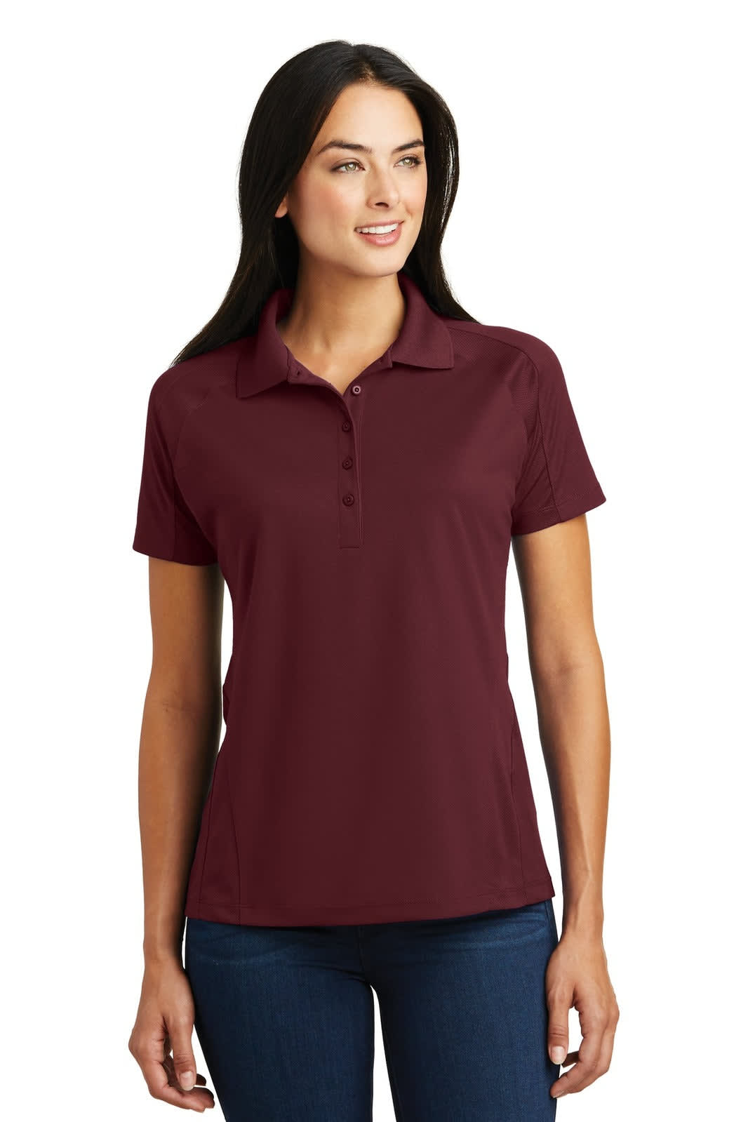 A maroon Sport-Tek Ladies Dri-Mesh Pro Polo shirt with a collar and short sleeves, featuring a logo.