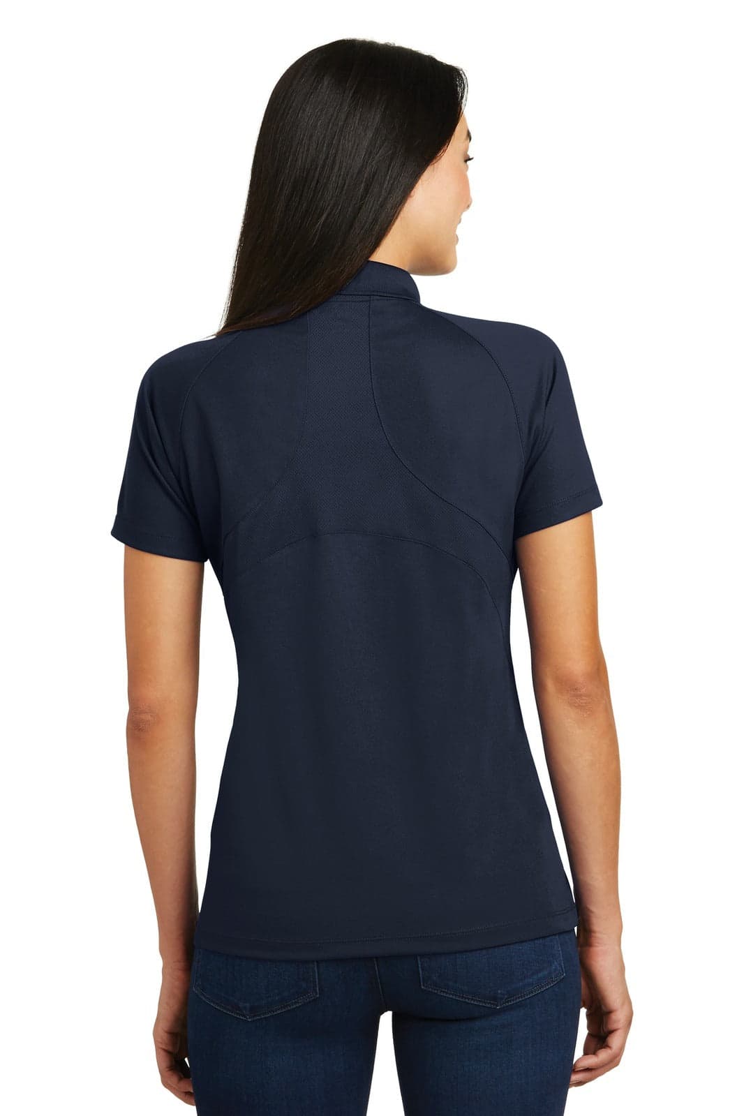 A navy blue polo shirt with a fitted design and short sleeves, featuring a logo on the back.