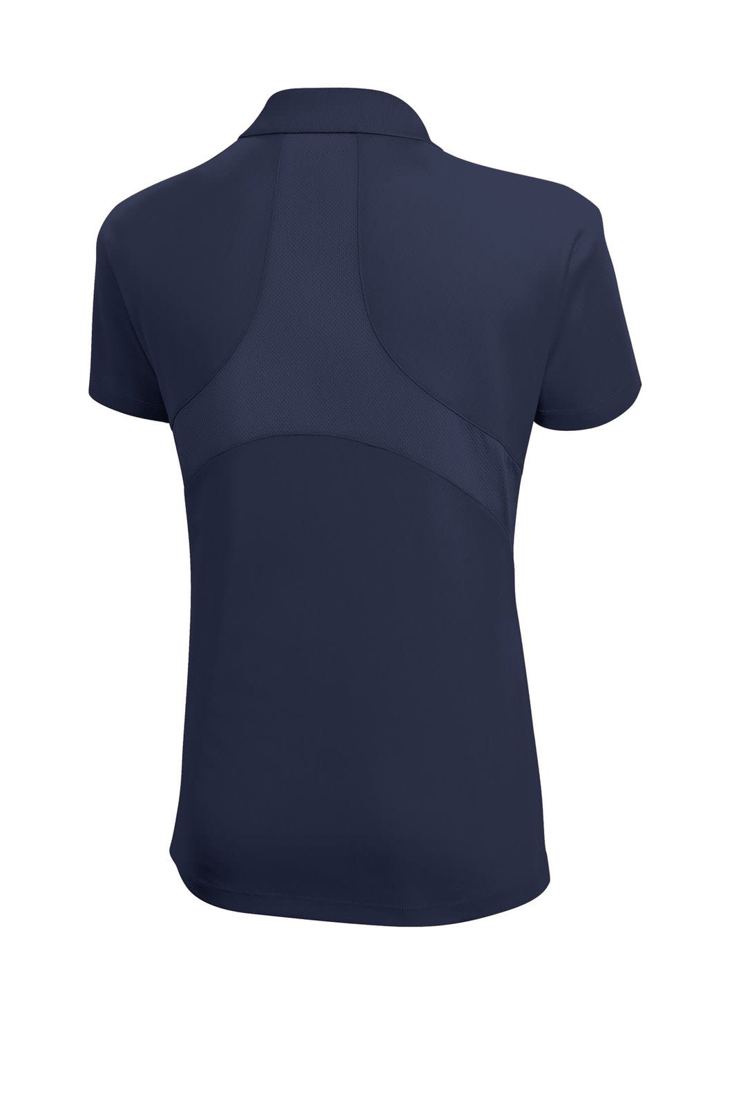 A navy polo shirt featuring a structured back design and a logo on the chest.