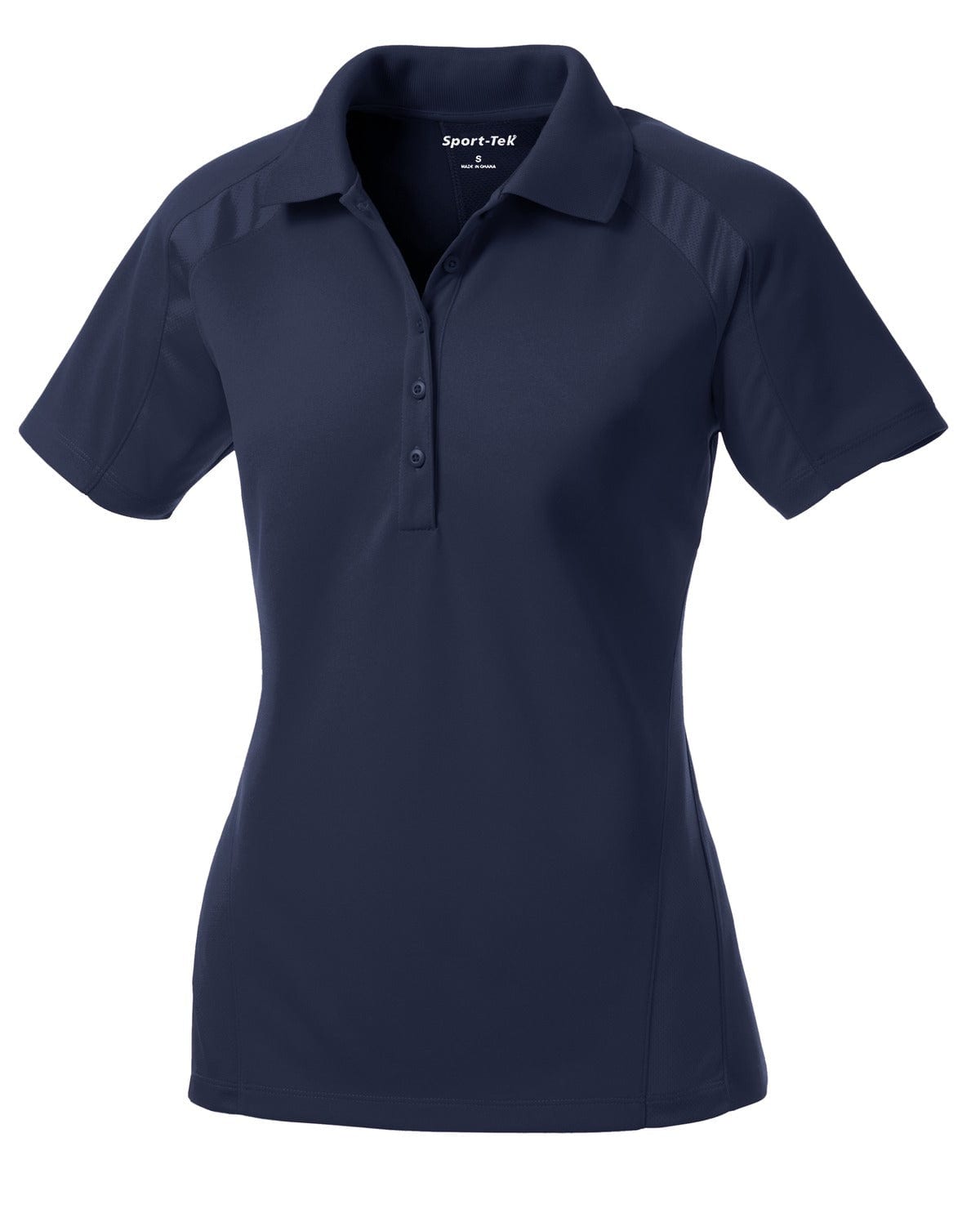 A navy blue Sport-Tek Ladies Dri-Mesh Pro Polo shirt featuring a collar and short sleeves, with a logo.
