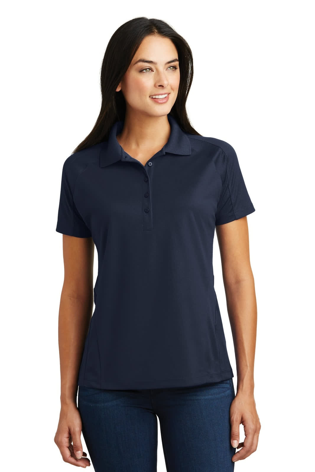 A navy Sport-Tek Ladies Dri-Mesh Pro Polo shirt with a collar, featuring a logo.