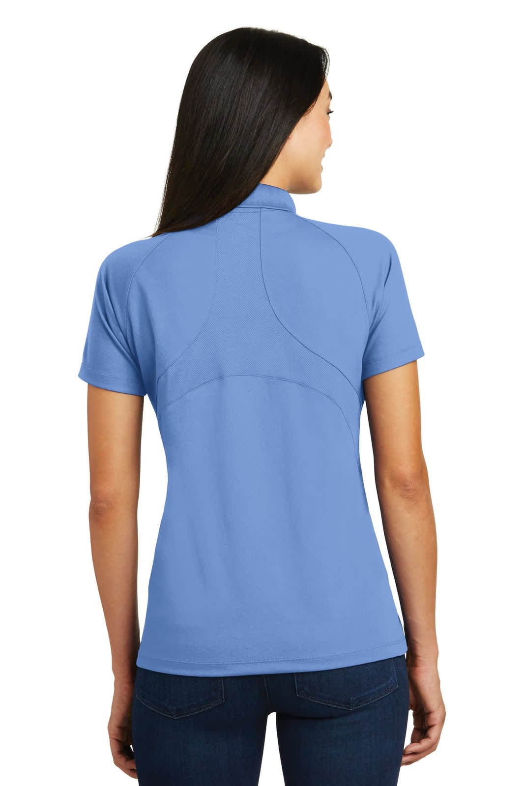 A blue Sport-Tek Ladies Dri-Mesh Pro Polo shirt with a high collar and short sleeves, featuring a logo.