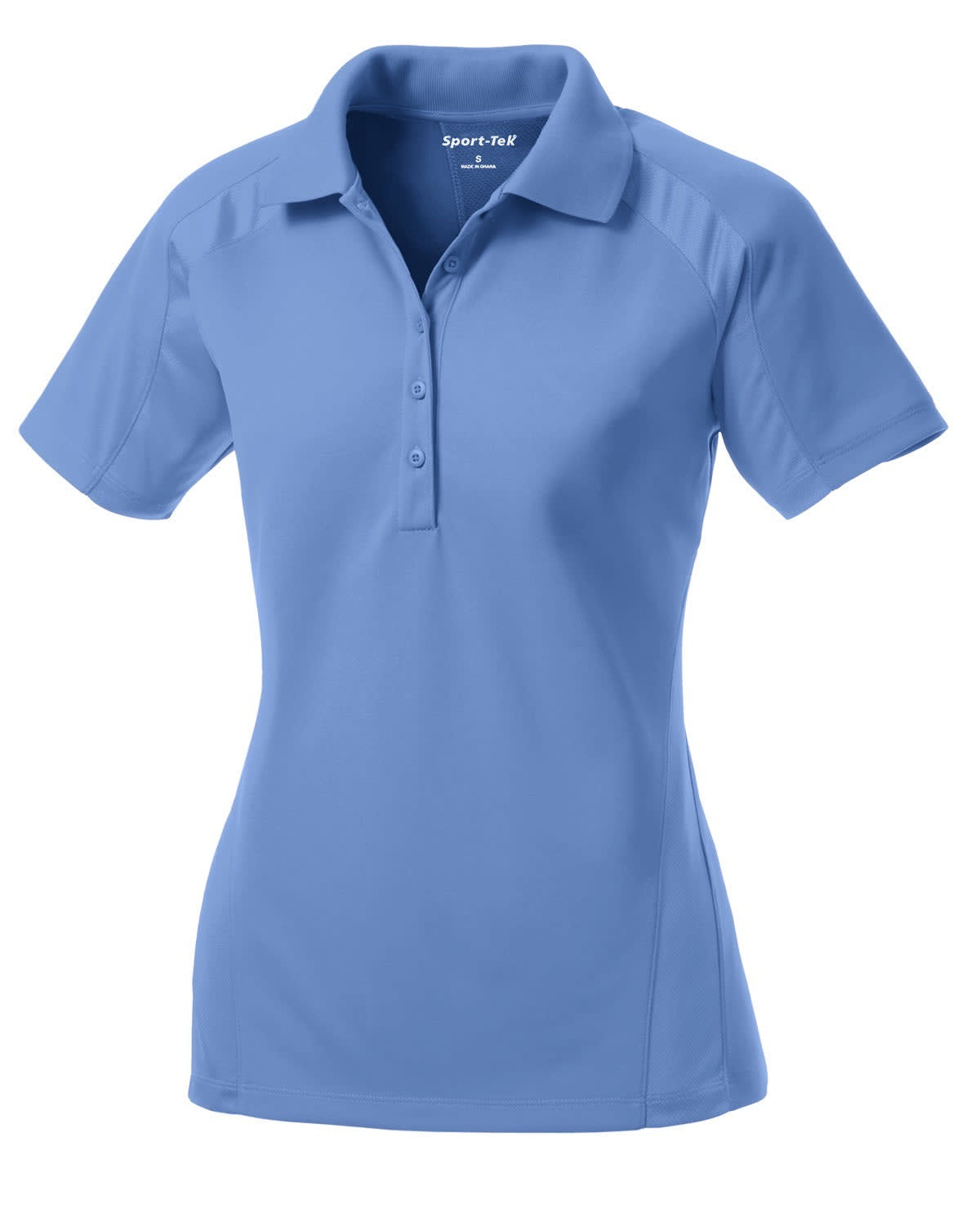 A light blue Sport-Tek ladies polo shirt with a classic collar and short sleeves, featuring a logo.