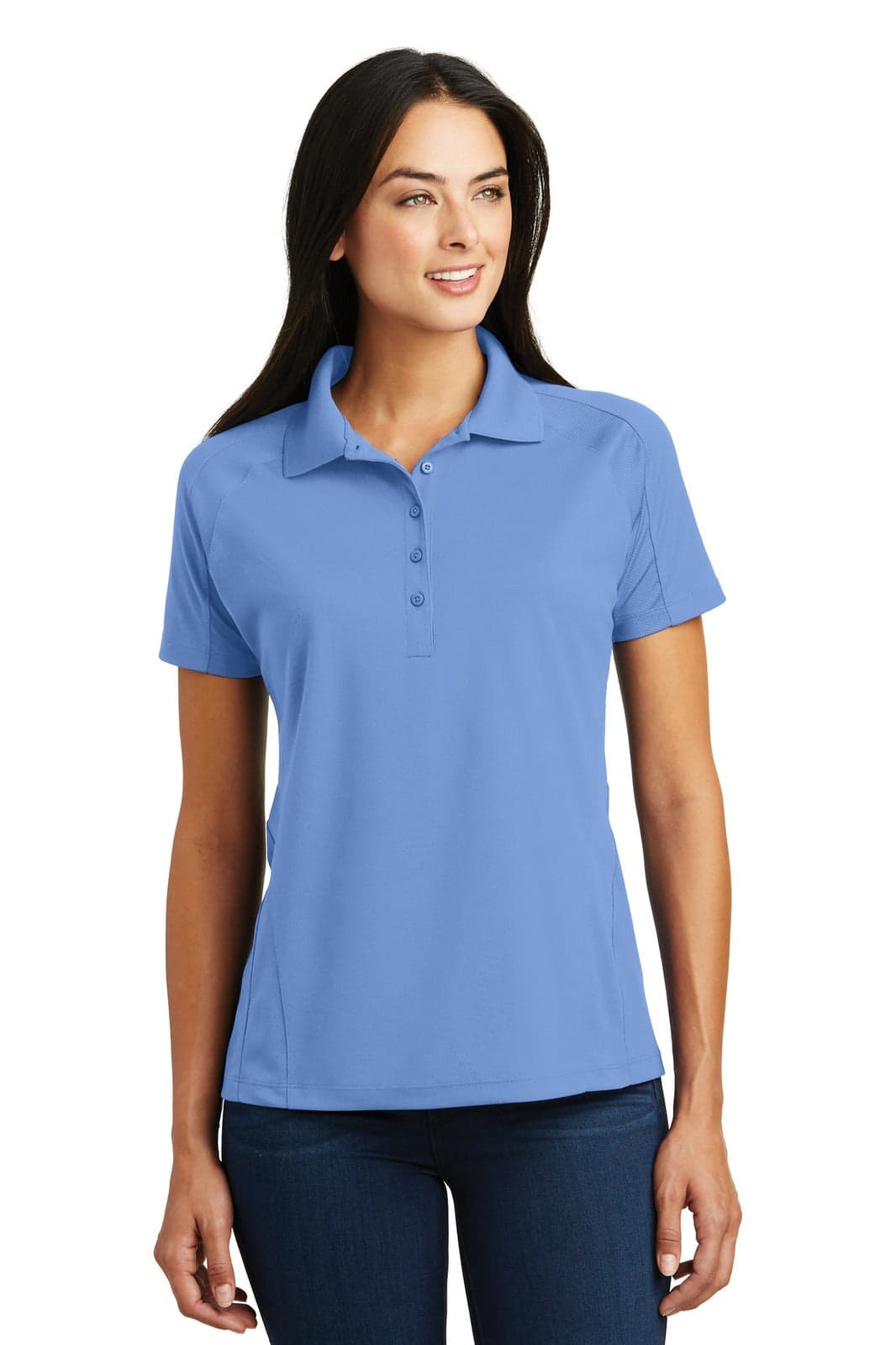 A light blue ladies' polo shirt with a collar, featuring a button placket and a brand logo.