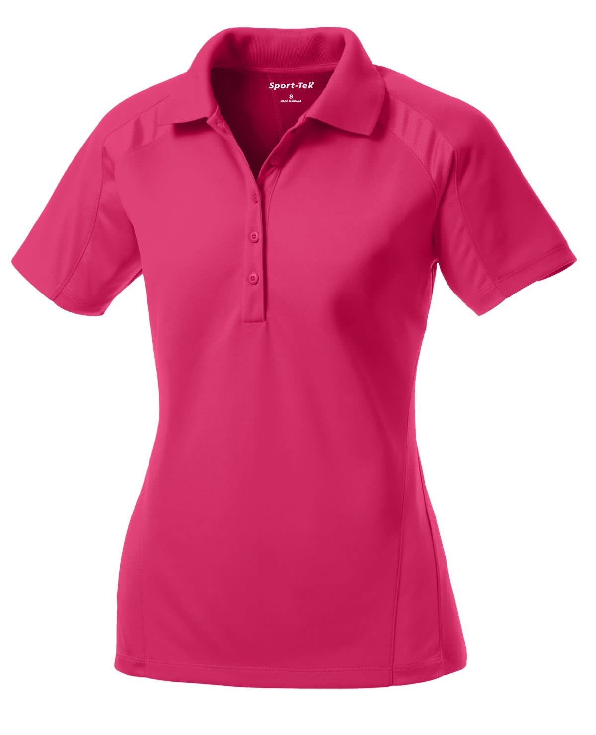 A pink Sport-Tek Ladies Dri-Mesh Pro Polo with short sleeves and a branded logo.