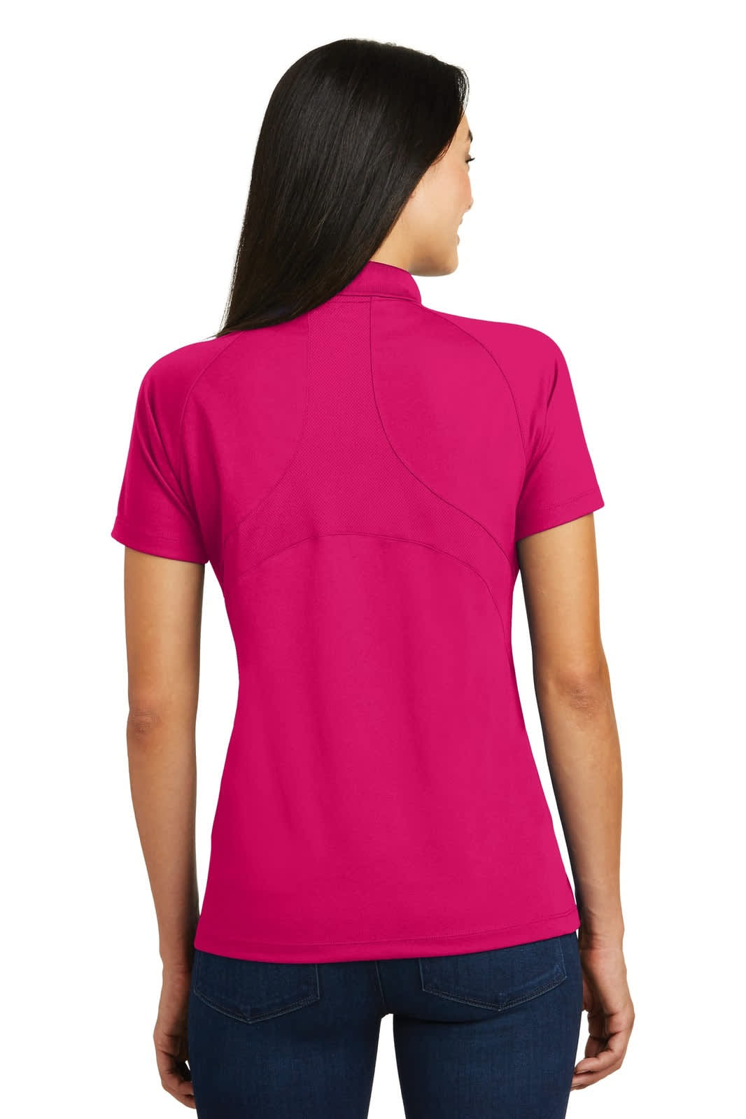 A pink Sport-Tek Ladies Dri-Mesh Pro Polo shirt with a high collar and short sleeves, featuring a logo.