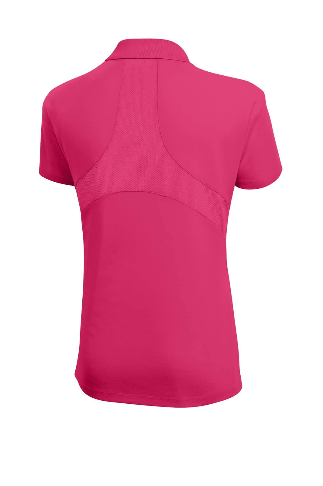 A pink Sport-Tek Ladies Dri-Mesh Pro Polo with a sleek back design and a brand logo.