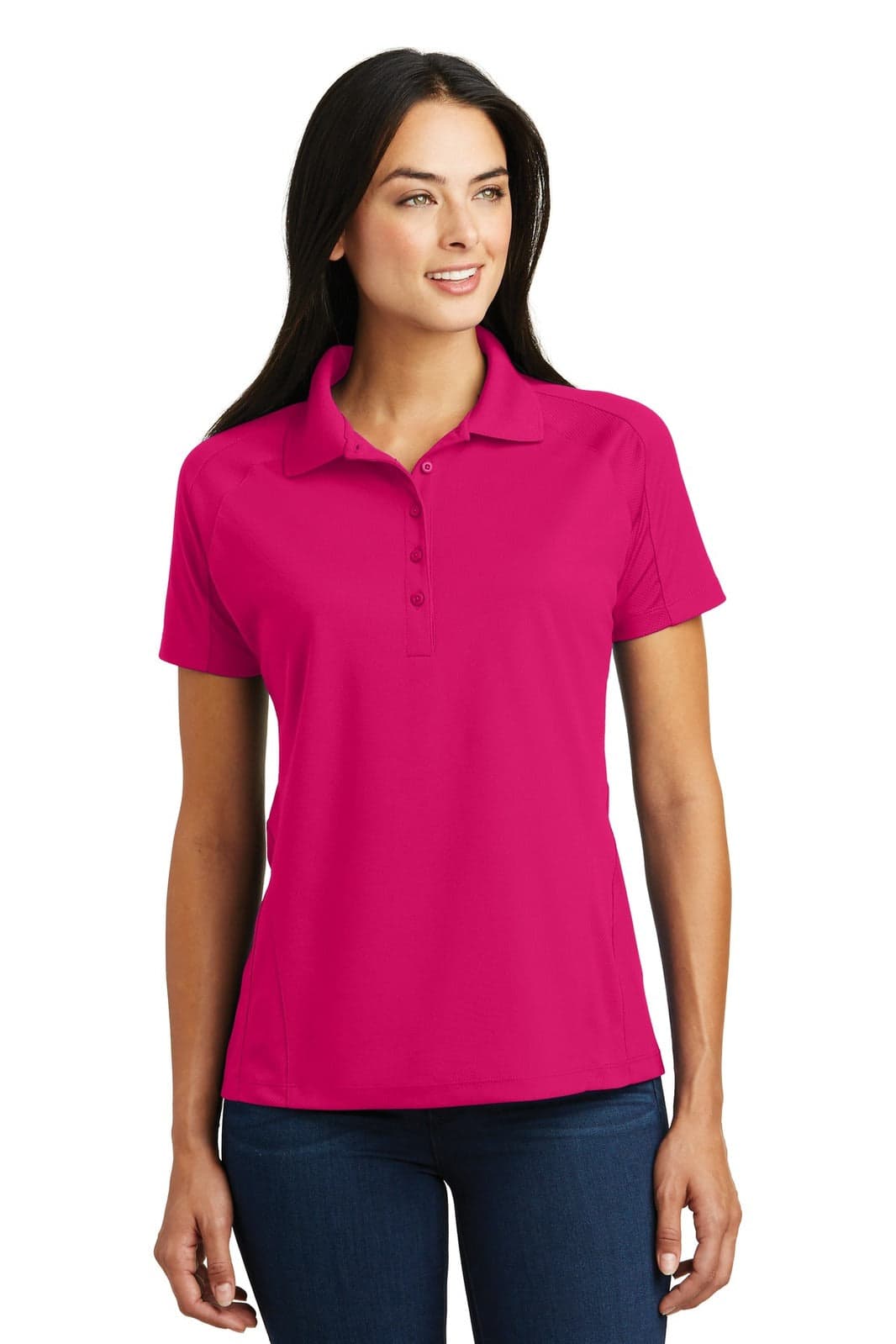 A ladies' polo shirt in bright pink with a collar and short sleeves, featuring a logo on the chest.