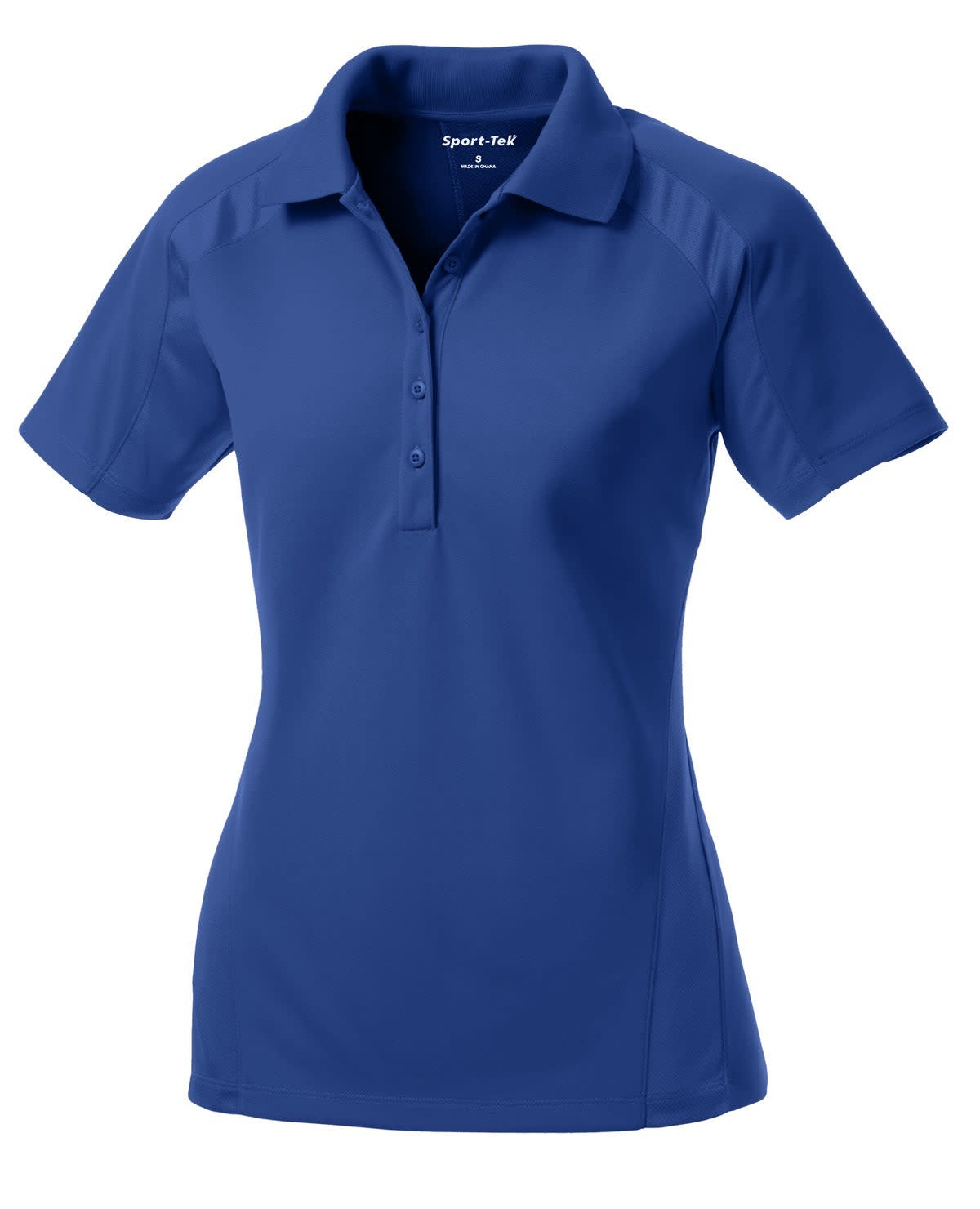 A blue Sport-Tek Ladies Dri-Mesh Pro Polo shirt with a collared neckline and short sleeves, featuring a logo.