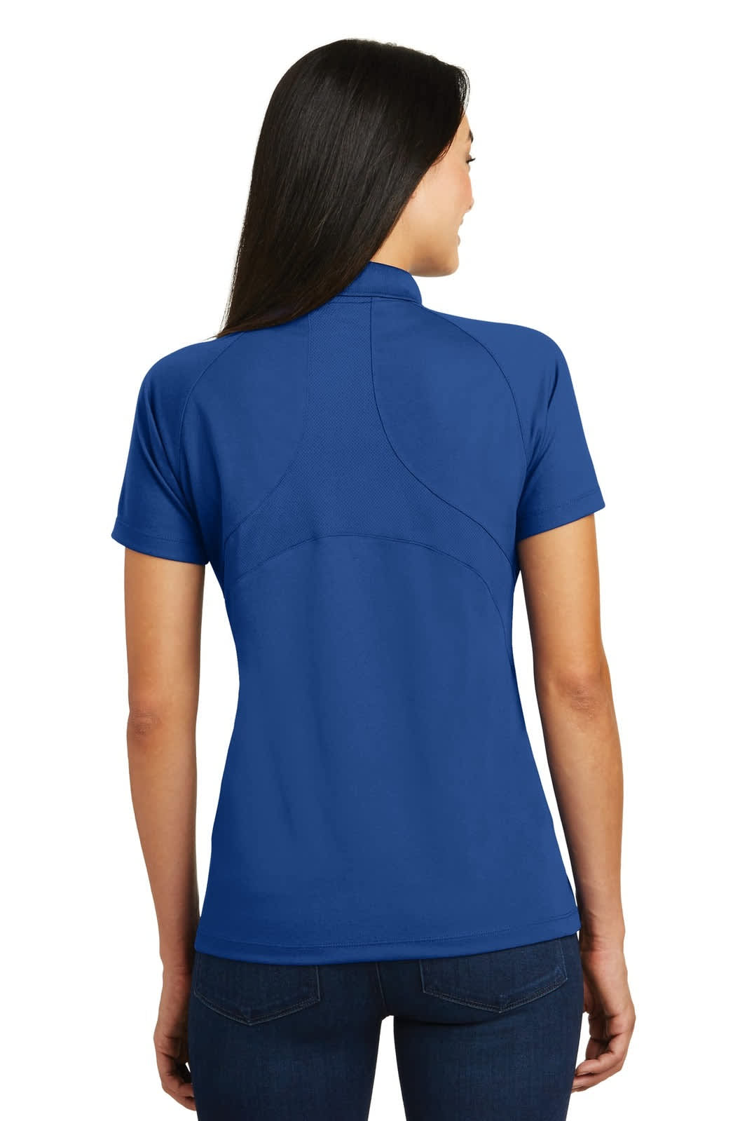 A blue sport polo shirt featuring a fitted design and a logo on the back.
