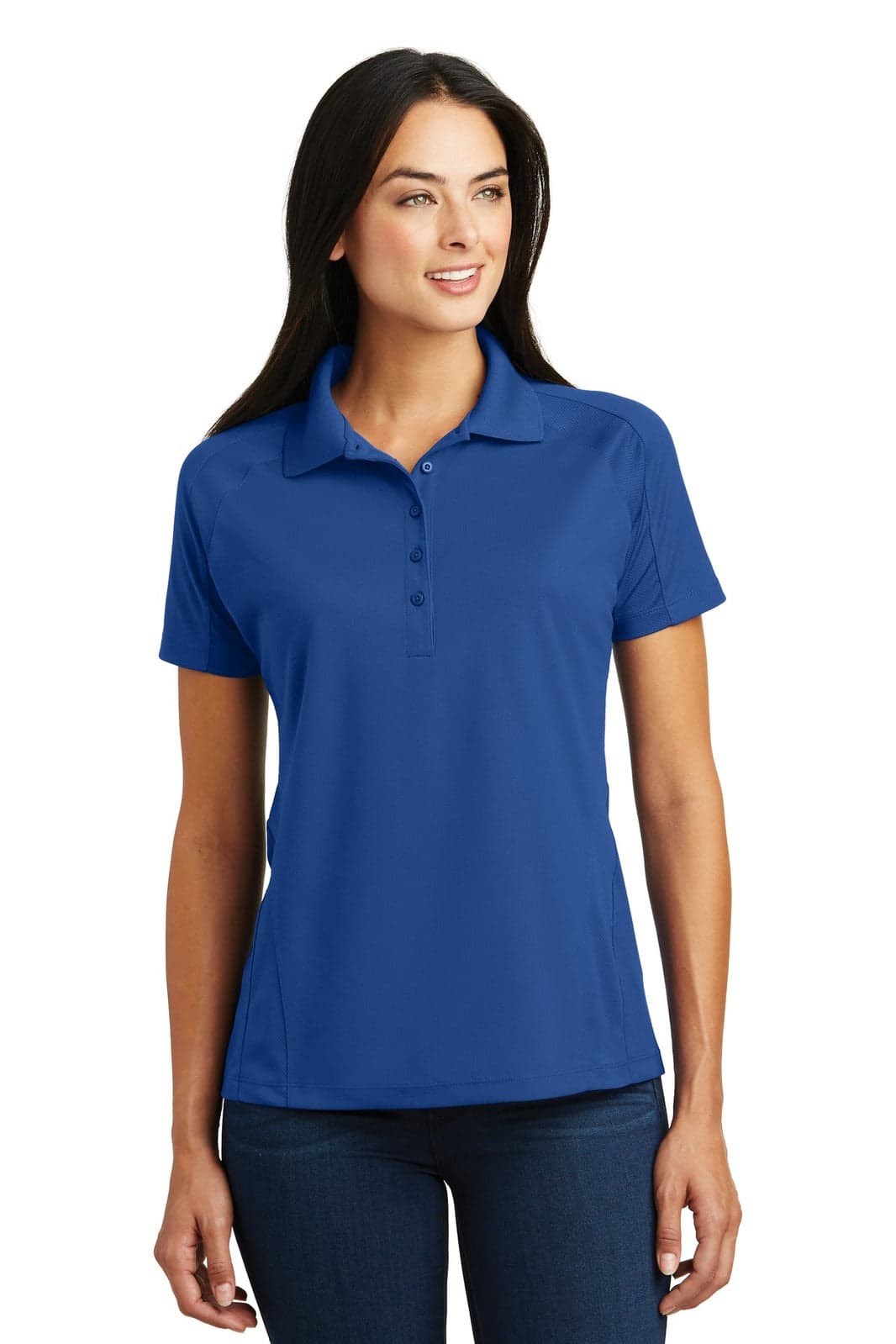 A blue Sport-Tek Ladies Dri-Mesh Pro Polo shirt featuring a collar and short sleeves, with a logo on the chest.