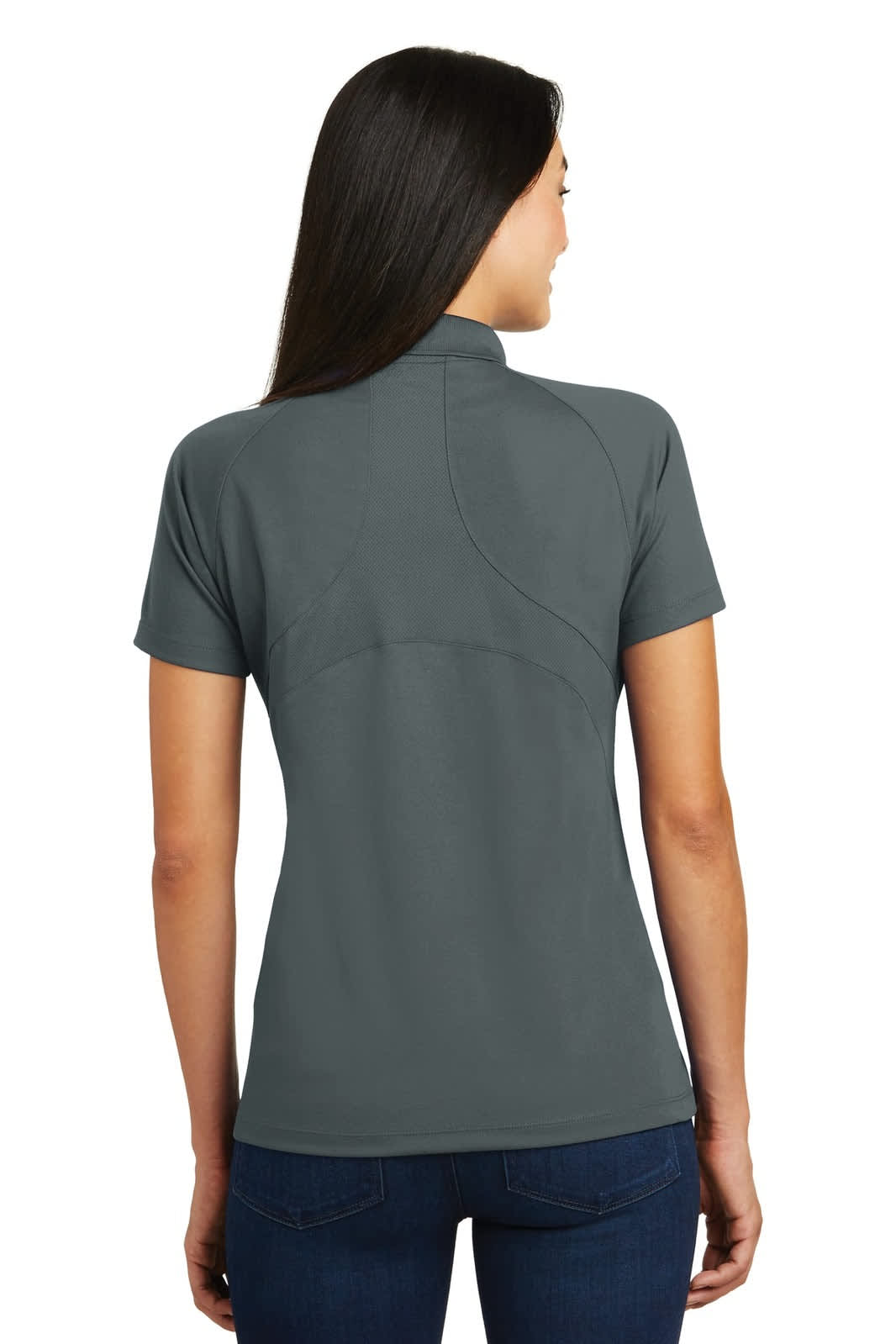 A grey ladies' polo shirt with a collar and short sleeves, featuring a logo on the back.