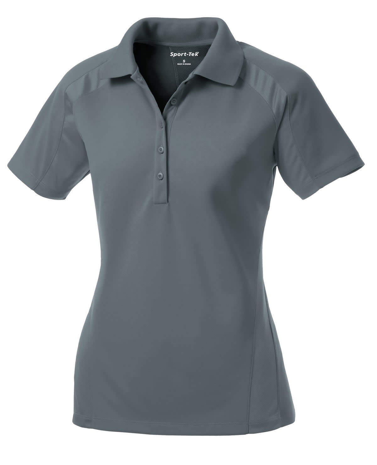 A grey Sport-Tek Ladies Dri-Mesh Pro Polo shirt with a collar and buttons, featuring a logo.