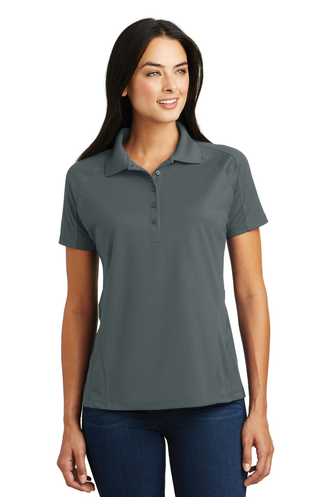 A grey Sport-Tek Ladies Dri-Mesh Pro Polo shirt featuring a collar and a logo.