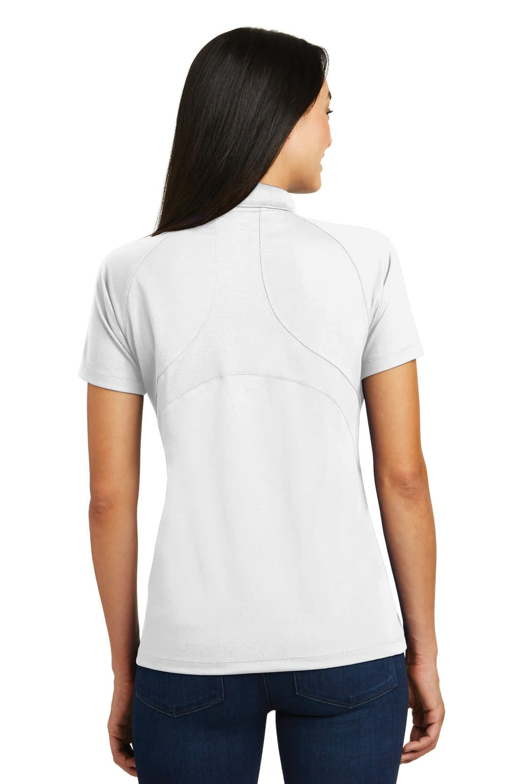 A light grey polo shirt with a fitted design and a logo on the back.
