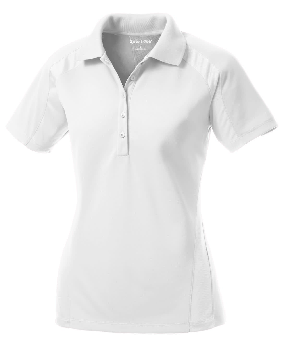 A white Sport-Tek ladies' Dri-Mesh Pro polo shirt featuring a collar and short sleeves, with a logo on it.