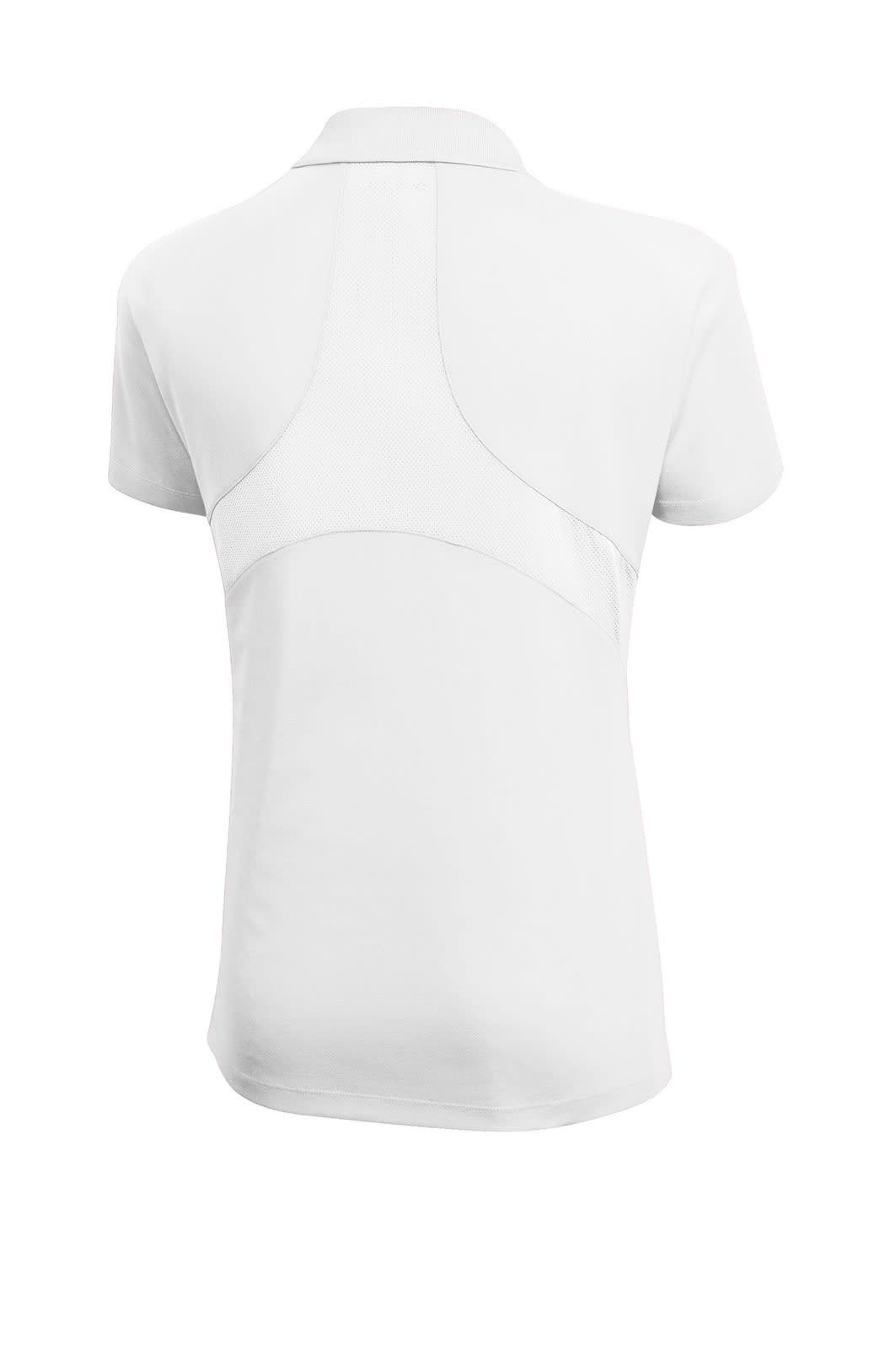 A white Sport-Tek Ladies Dri-Mesh Pro Polo with a sleek design and contrasting back detail.