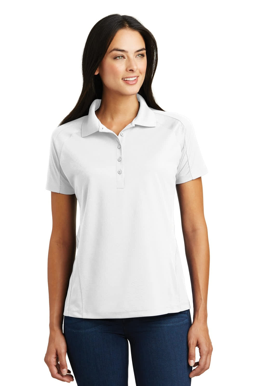 A light grey Sport-Tek Ladies Dri-Mesh Pro Polo shirt with a collar and buttons, featuring a logo.
