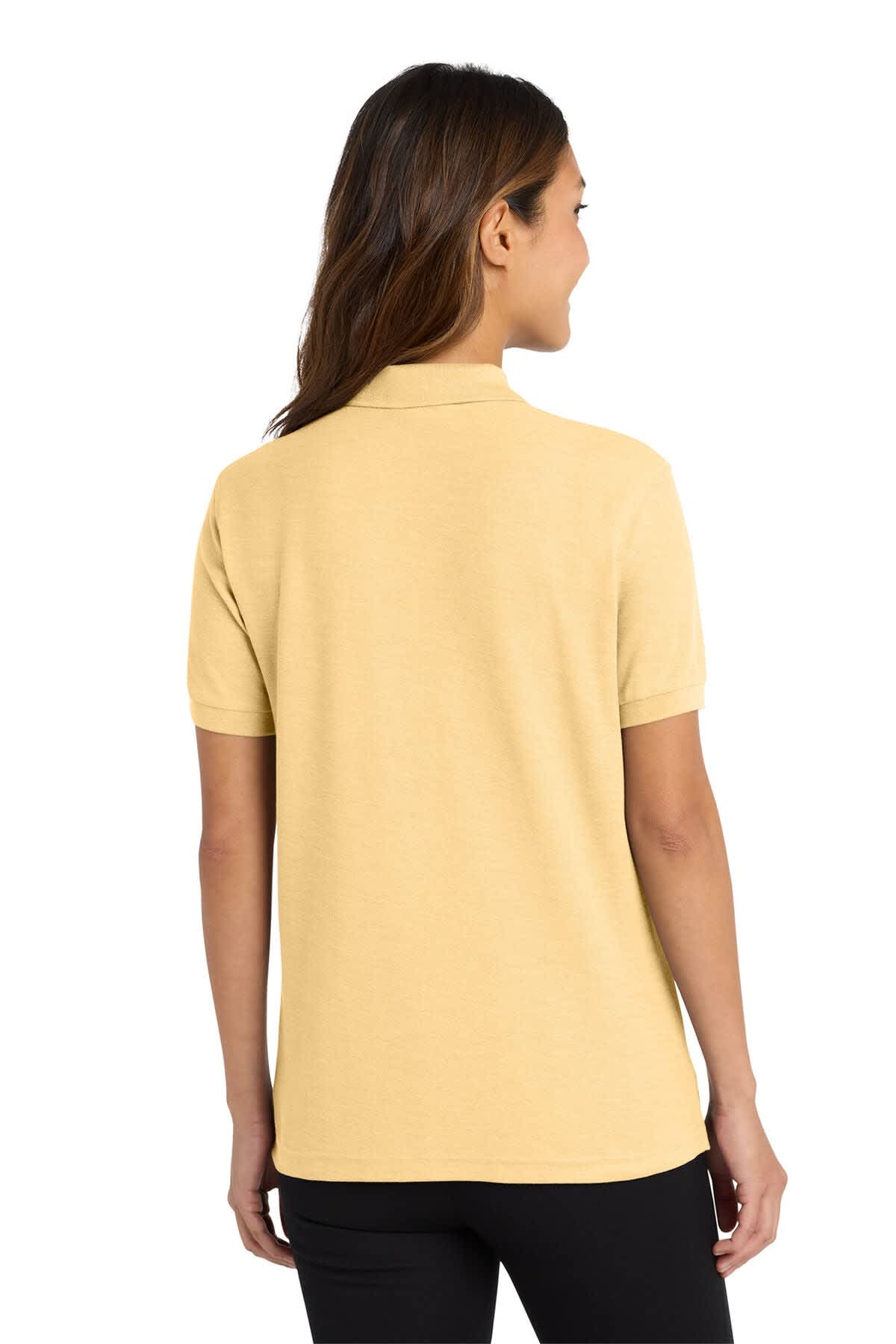 A yellow ladies' polo shirt with short sleeves, featuring a collar and a logo on the back.