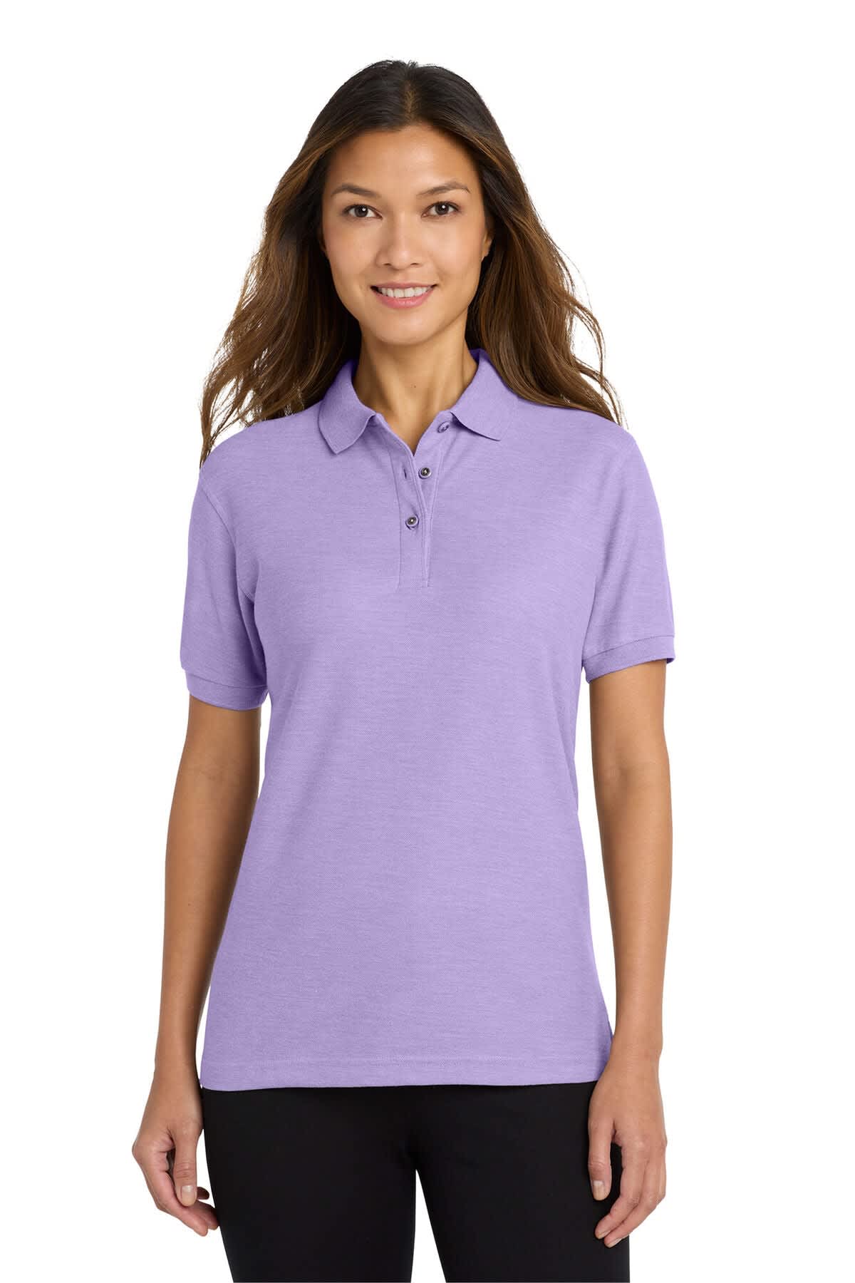 A purple ladies polo shirt with short sleeves, featuring a collar and a logo on the chest.