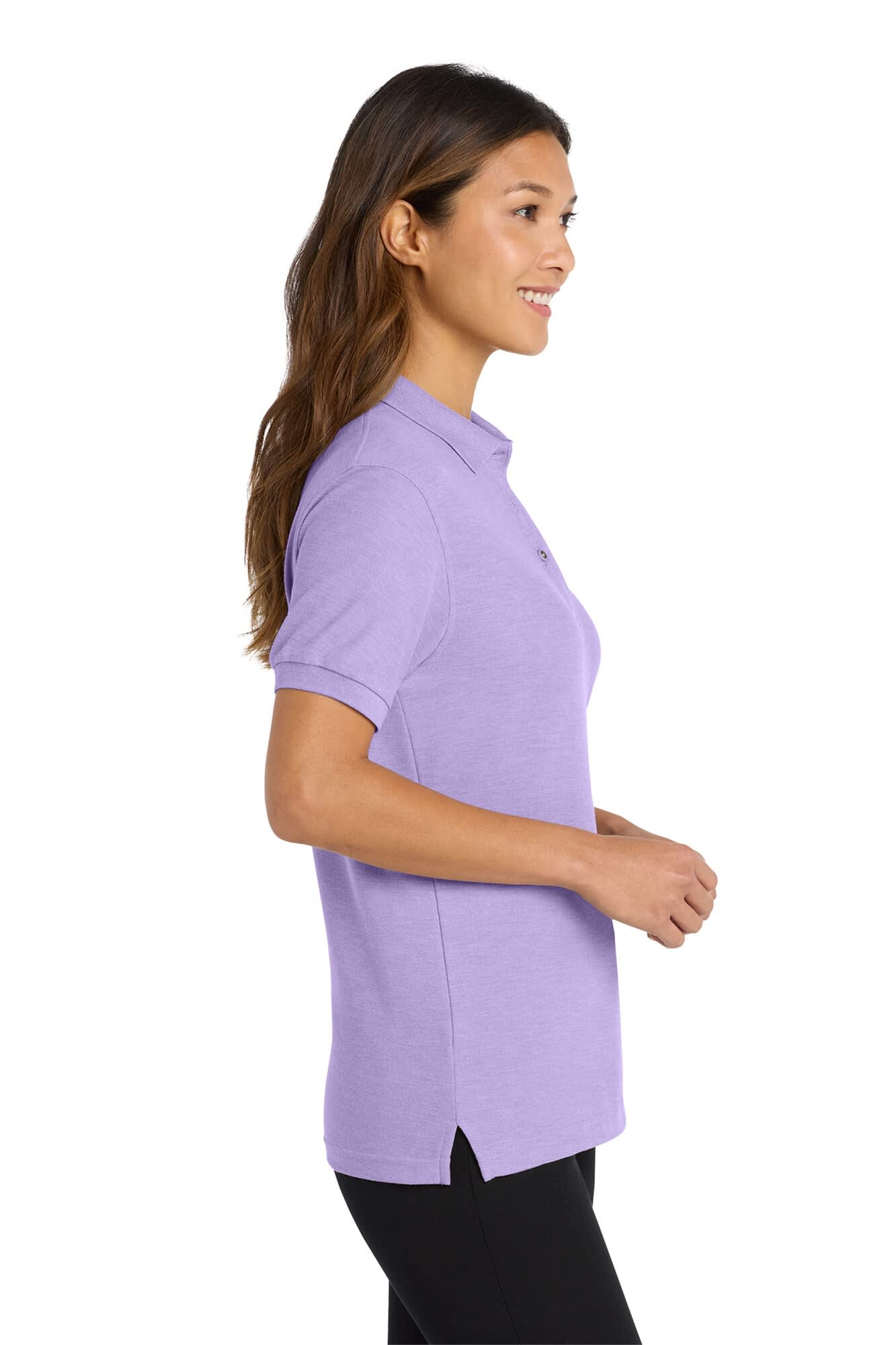 A purple polo shirt with a collar and short sleeves, featuring a side split and a logo.