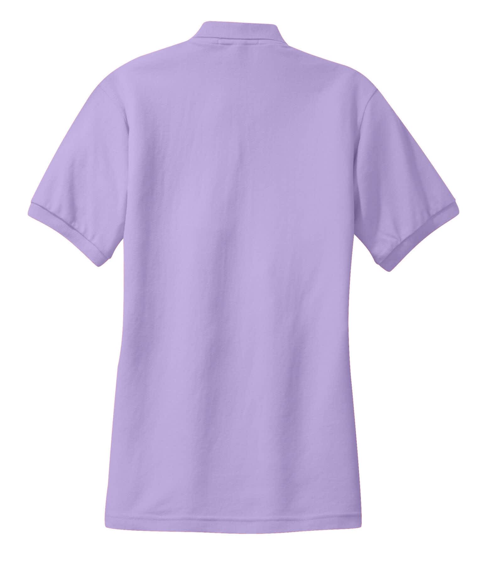 A purple ladies' polo shirt featuring a classic design and a logo on the back.