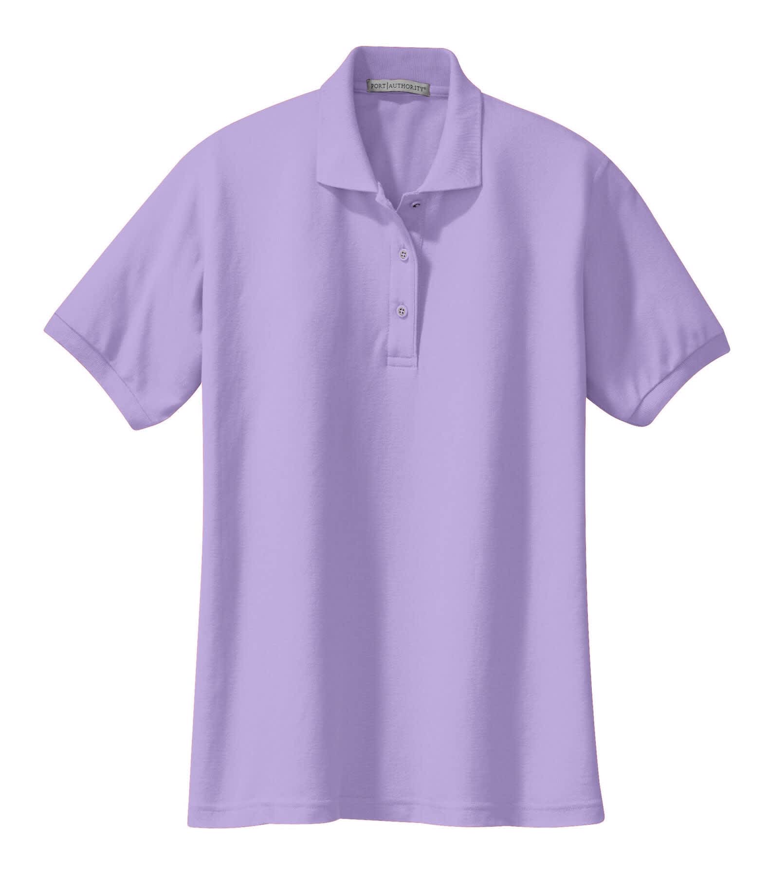 A light purple polo shirt with short sleeves and a collar, featuring a branding logo.