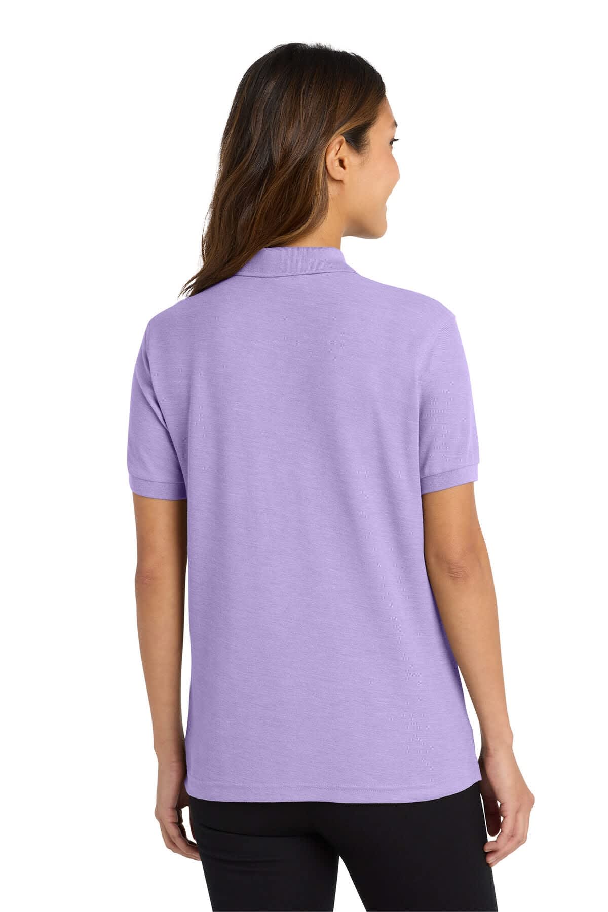 A lavender polo shirt with short sleeves and a back view. Features a logo on the left side.