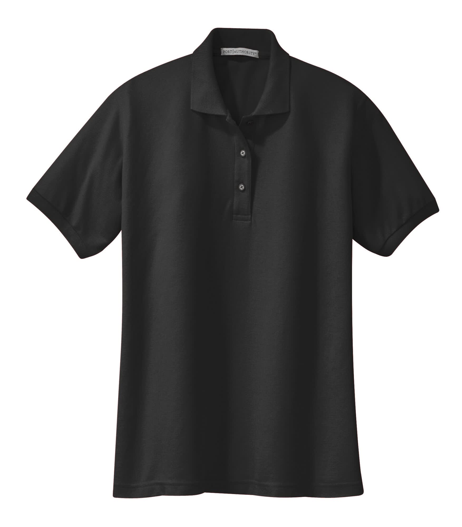 A black polo shirt with a classic collar, short sleeves, and three buttons. It features a logo on the chest.