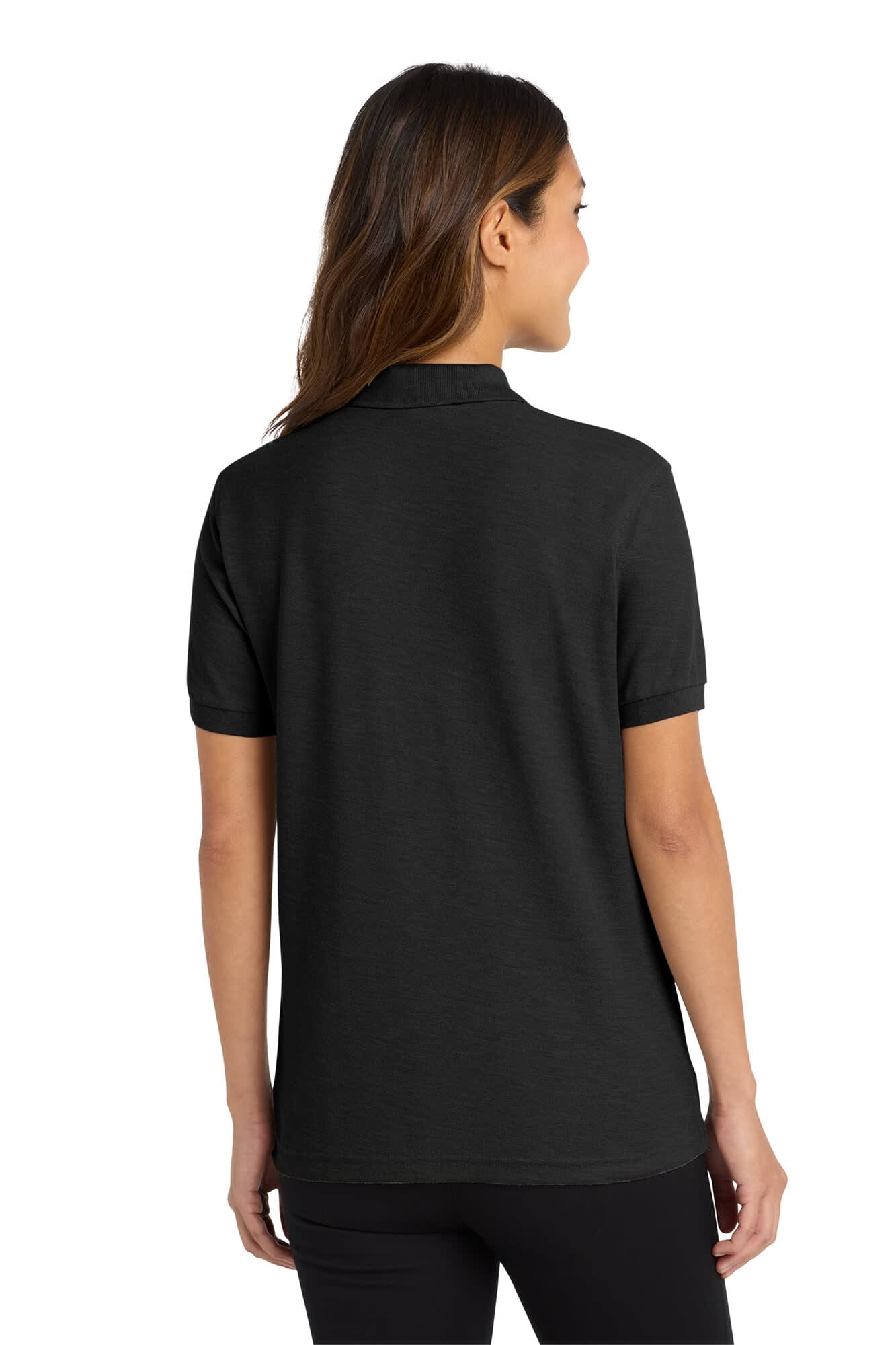 A black ladies' polo shirt with a classic collar and short sleeves, featuring a logo on the back.