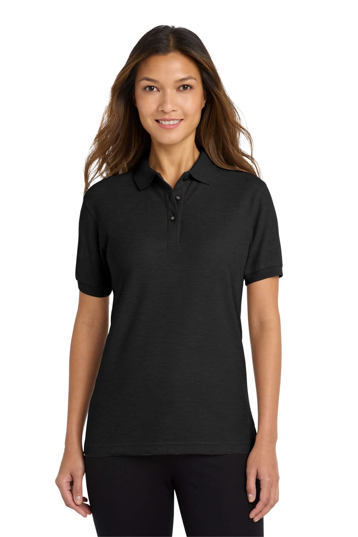 A black ladies' polo shirt features a collared neckline and short sleeves, with a logo on the chest.