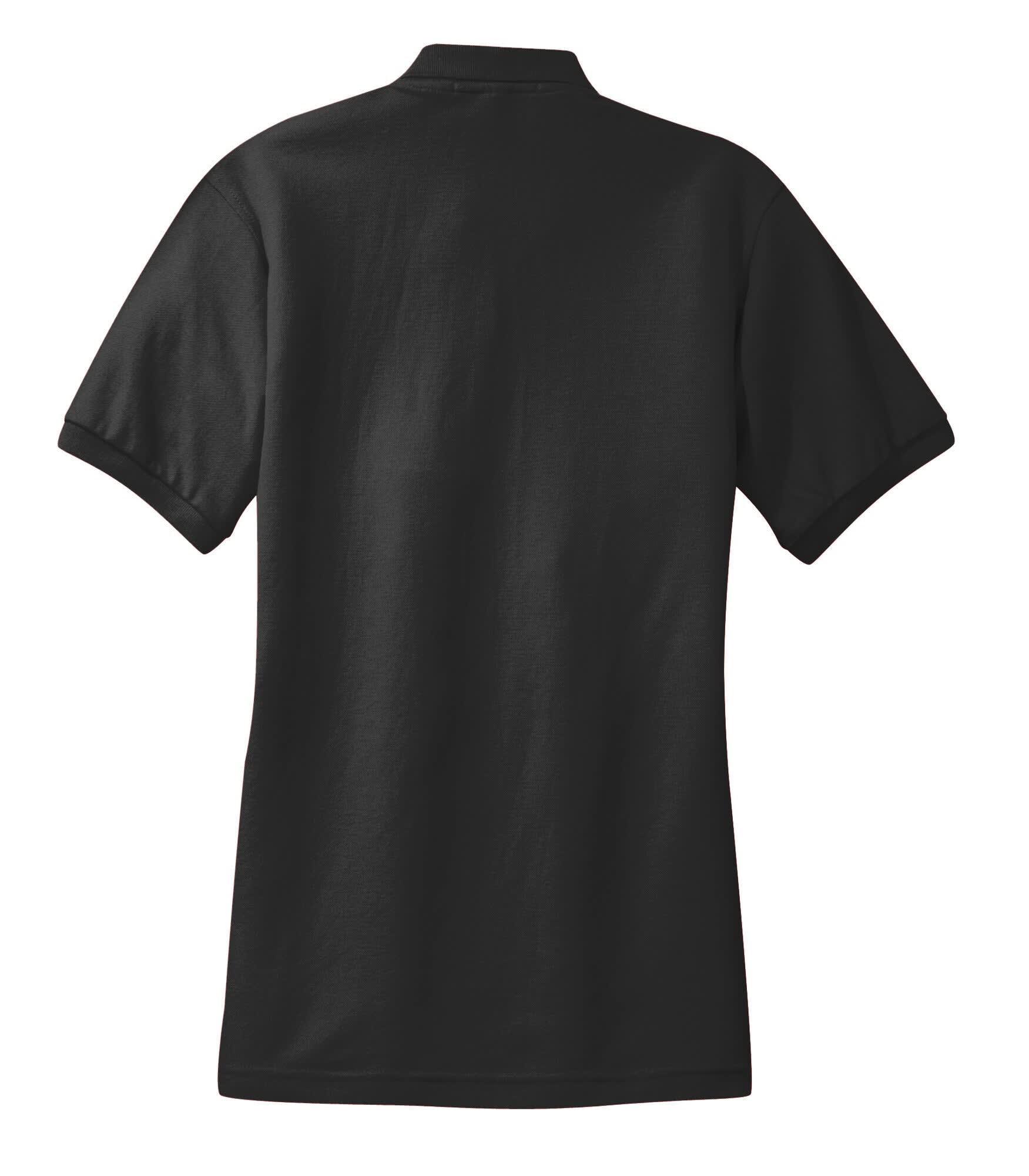 A black ladies polo shirt with a collar, featuring short sleeves and a plain design on the back.