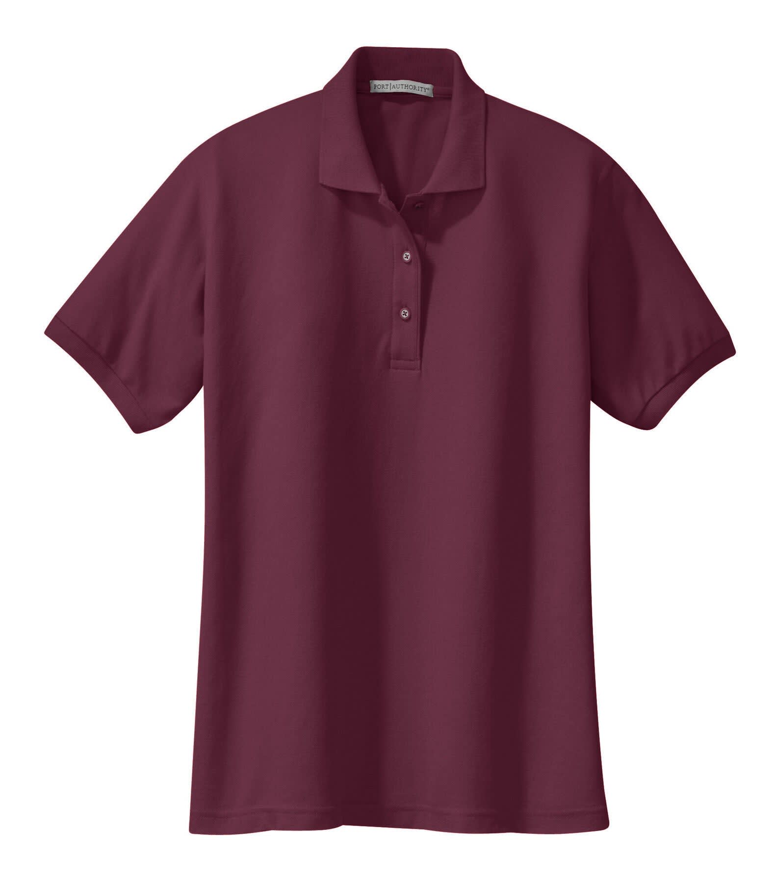 A maroon ladies' polo shirt made from silk touch fabric, featuring a collar and four buttons. It has a logo.
