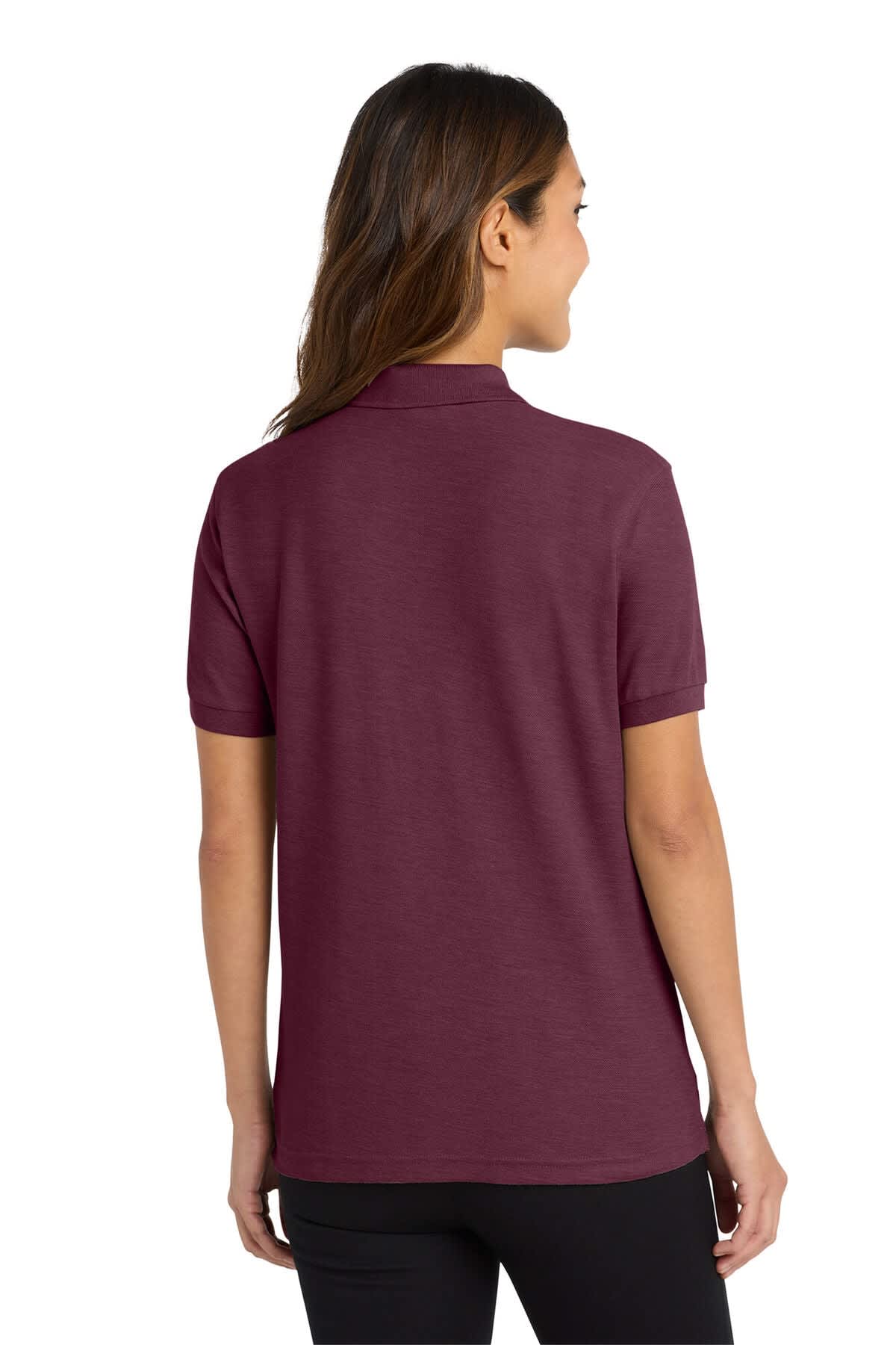 A burgundy polo shirt for ladies featuring a collar and short sleeves. The back view shows a smooth finish and a logo.