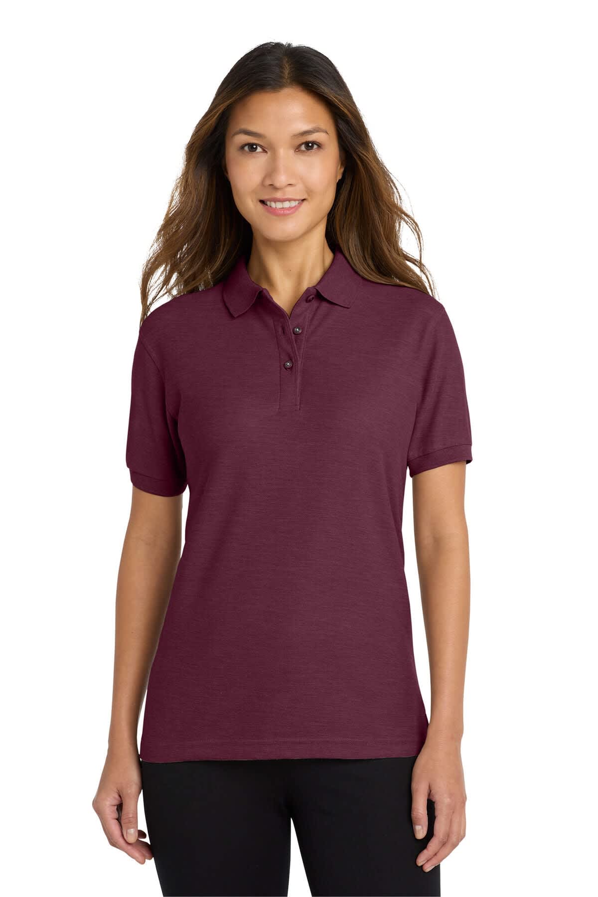 A women's maroon polo shirt with short sleeves and a collar, featuring a logo on the chest.